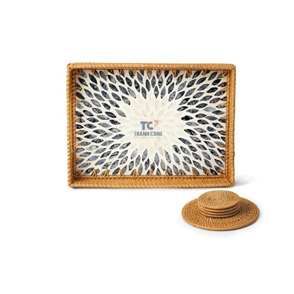 High Quality Rattan Tray Mother of Pearl Decorative Serving Tray for Breakfast Coffee Table