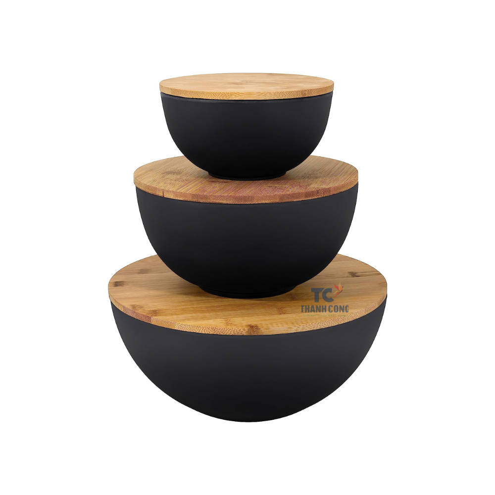 Factory Supplier Black Color Salad Bowl Set with Lids Bamboo Fiber Serving Bowls With Cutting Board