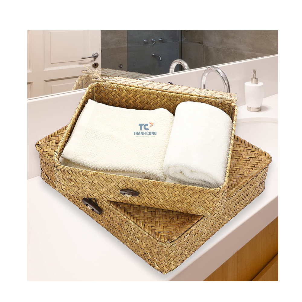 Set of 2 Flat Woven Wicker Storage Bins with Lid Natural Seagrass Basket Boxes Multipurpose Home Organizer Bins Boxes for Shelf