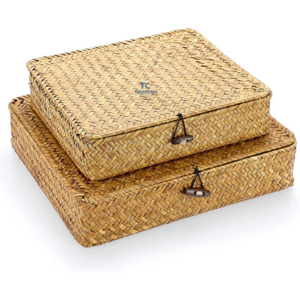 Set of 2 Flat Woven Wicker Storage Bins with Lid Natural Seagrass Basket Boxes Multipurpose Home Organizer Bins Boxes for Shelf