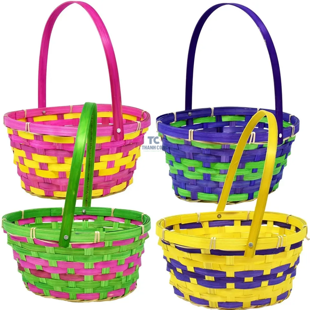 Wholesale Personalized Easter baskets online bamboo woven with straps colored classic round gift basket with handle color