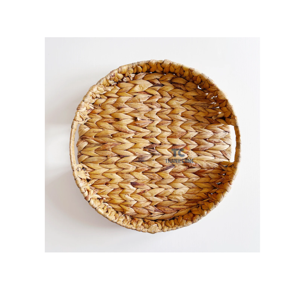 Wholesales Vietnam Round Water Hyacinth Wicker Woven Tray With Handle Tray For Decor Round Natural Tray