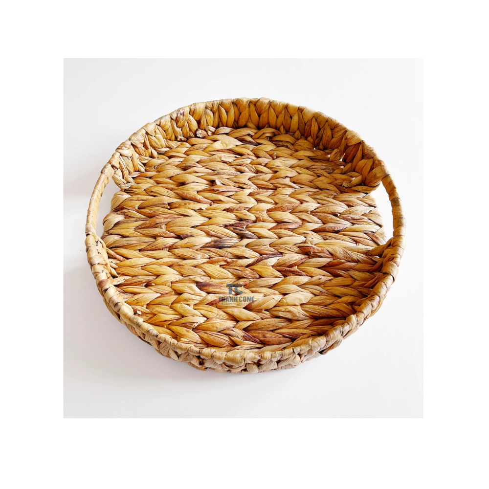 Wholesales Vietnam Round Water Hyacinth Wicker Woven Tray With Handle Tray For Decor Round Natural Tray