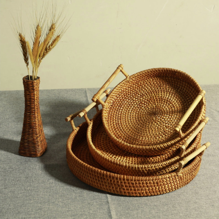 Small Flat Bottom Wicker Rattan Basket with Handle storage baskets