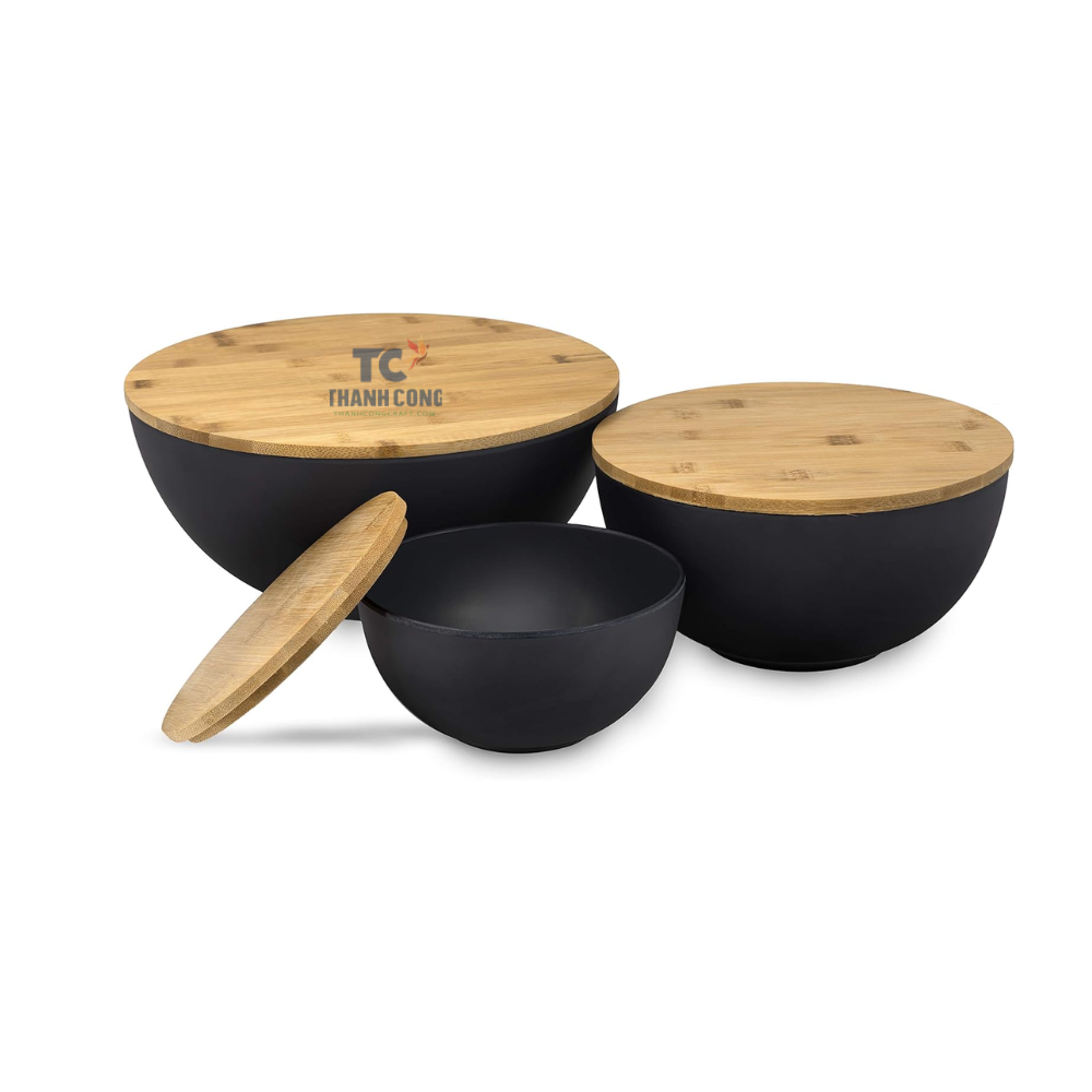 Factory Supplier Black Color Salad Bowl Set with Lids Bamboo Fiber Serving Bowls With Cutting Board