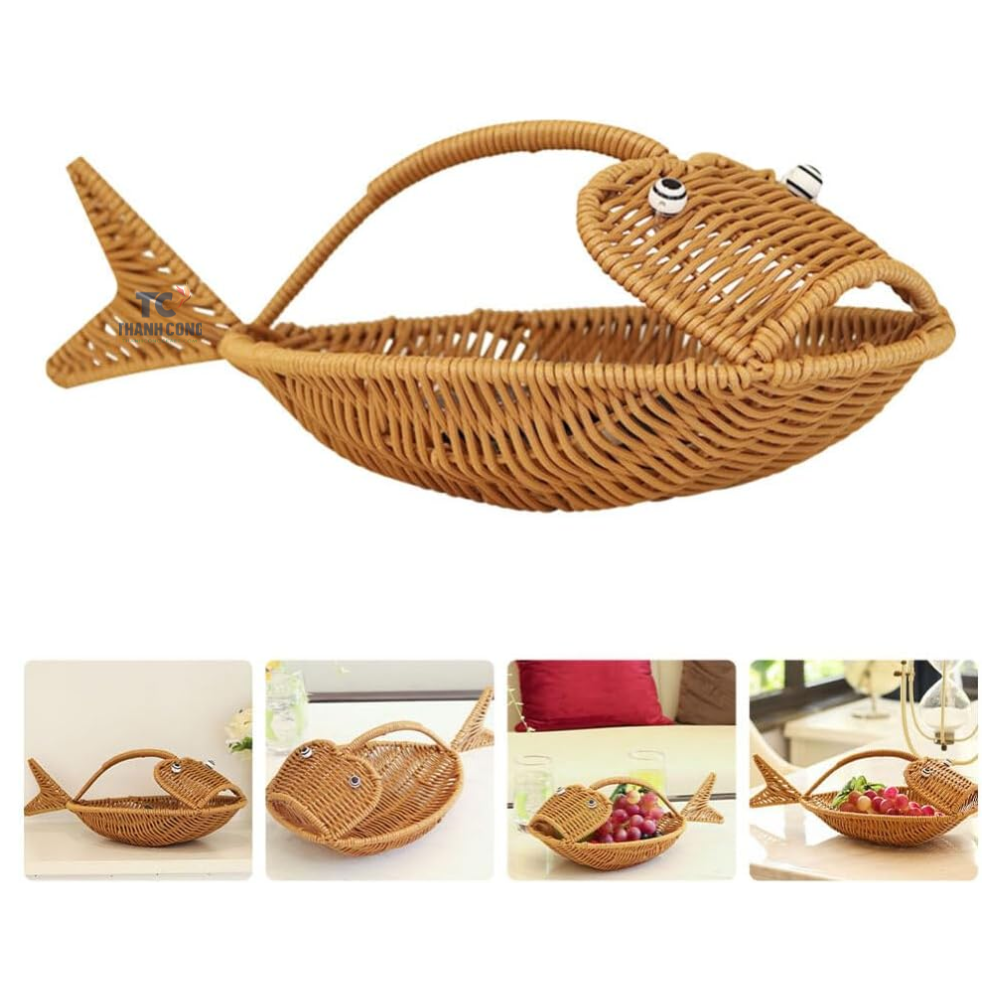 Eco Friendly Rattan Vegetable Storage Serving Basket Rustic Fish Shape Holder Bread Baking Tray Food Baskets