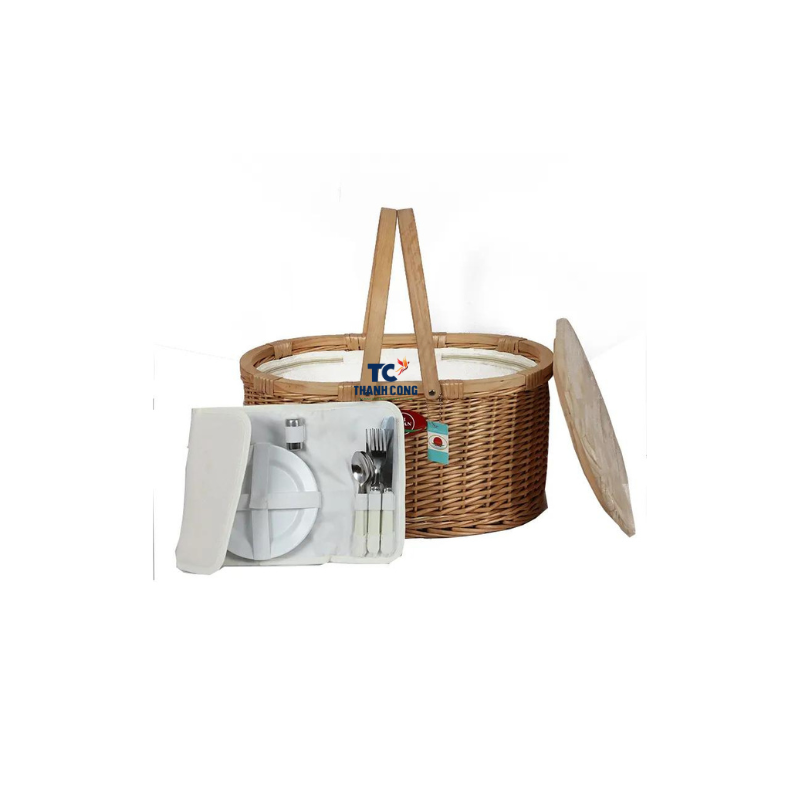 Wholesale Wood Handle Round Oval Rattan Insulated Bamboo Picnic Hamperbaskets Wood Lid Wicker Picnic Basket Set With Cooler RB10