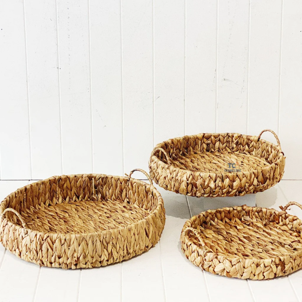 Wholesales Vietnam Round Water Hyacinth Wicker Woven Tray With Handle Tray For Decor Round Natural Tray