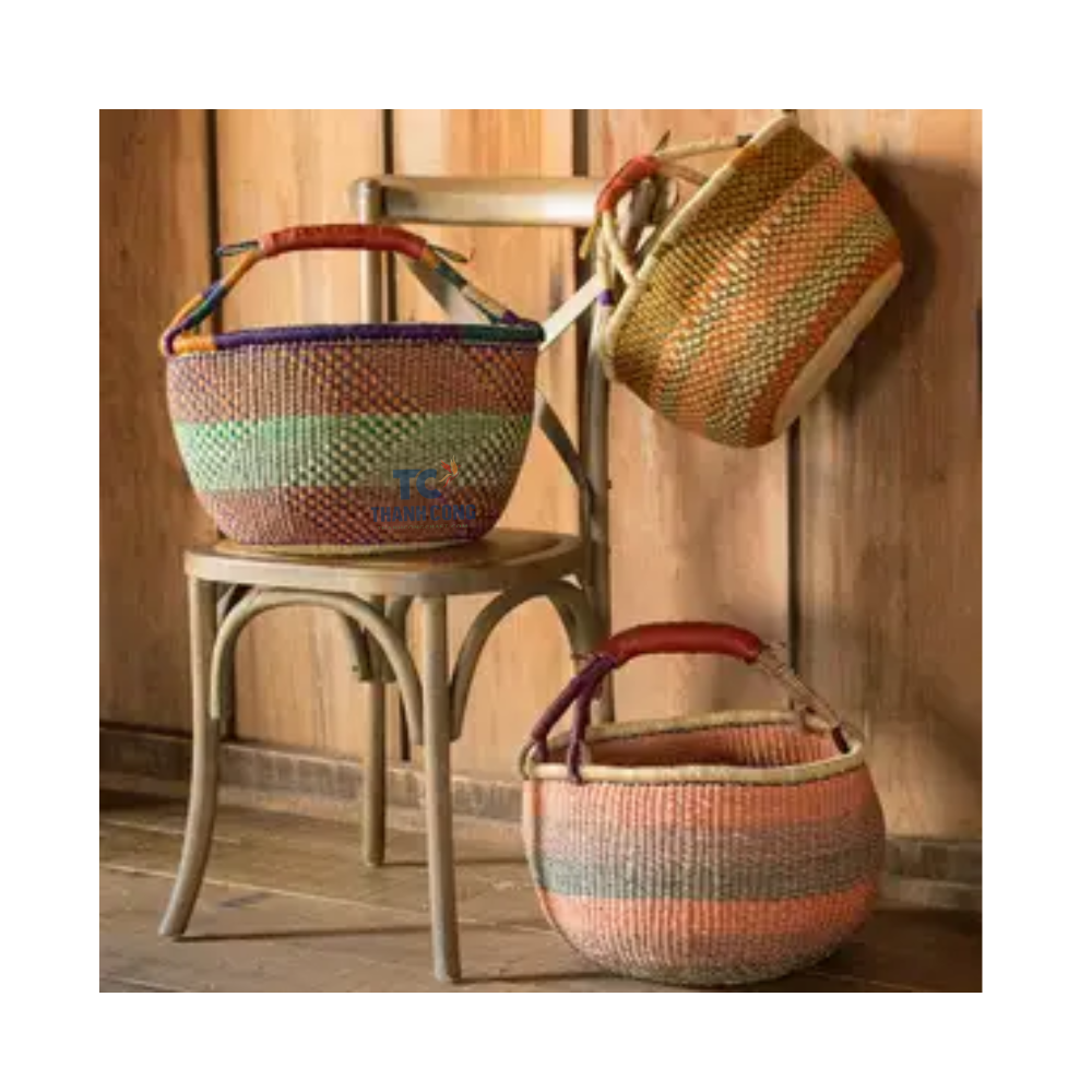 HOT  Handmade bags African seagrass bolga baskets colorful Ghana woven baskets Africa carry bags Made In Vietnam