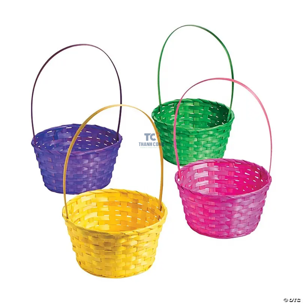 Wholesale Personalized Easter baskets online bamboo woven with straps colored classic round gift basket with handle color