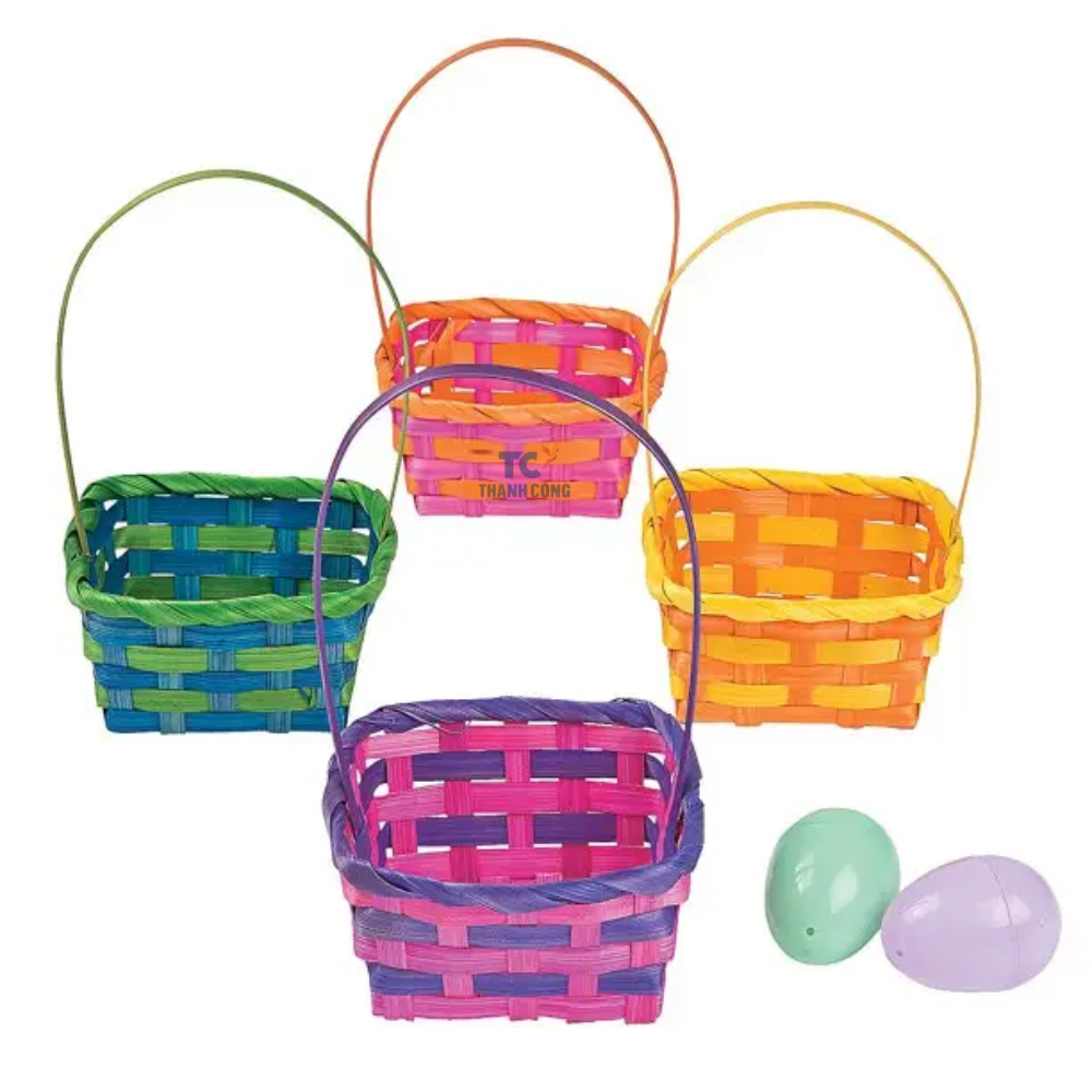 Wholesale Personalized Easter baskets online bamboo woven with straps colored classic round gift basket with handle color