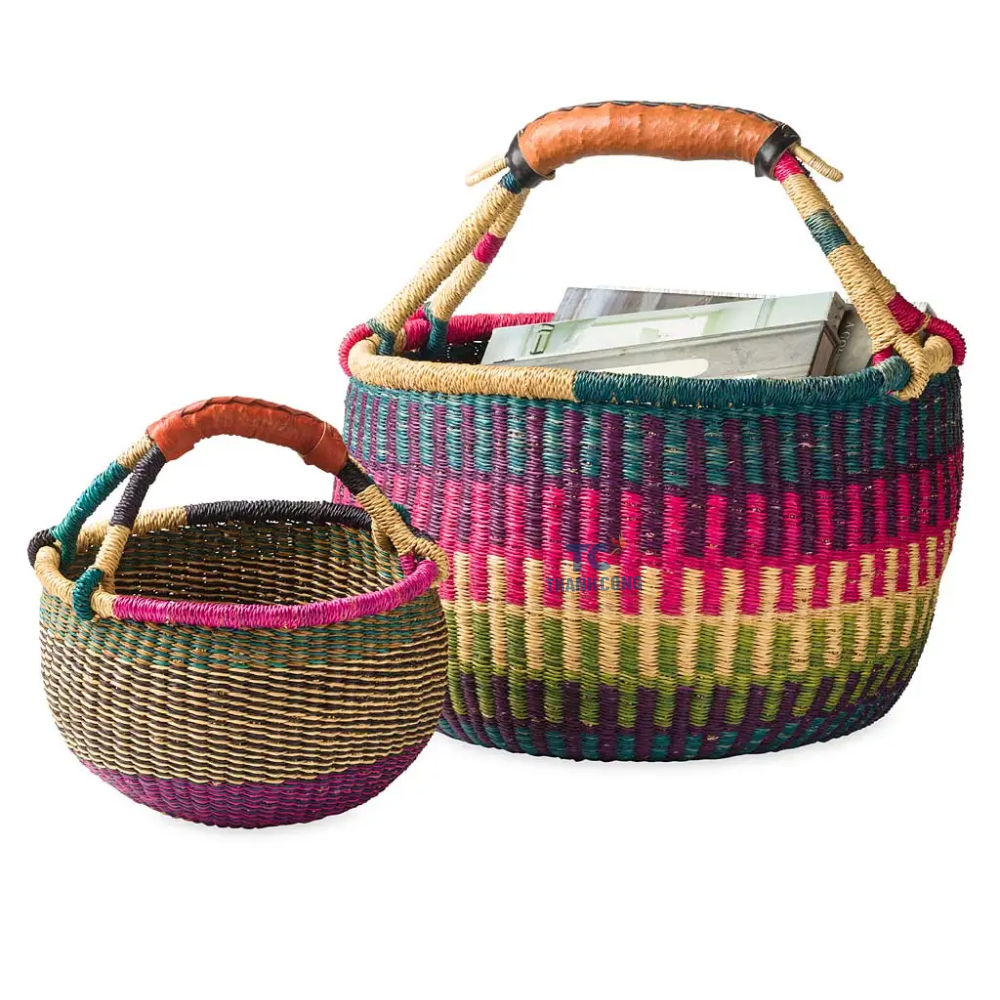 HOT  Handmade bags African seagrass bolga baskets colorful Ghana woven baskets Africa carry bags Made In Vietnam