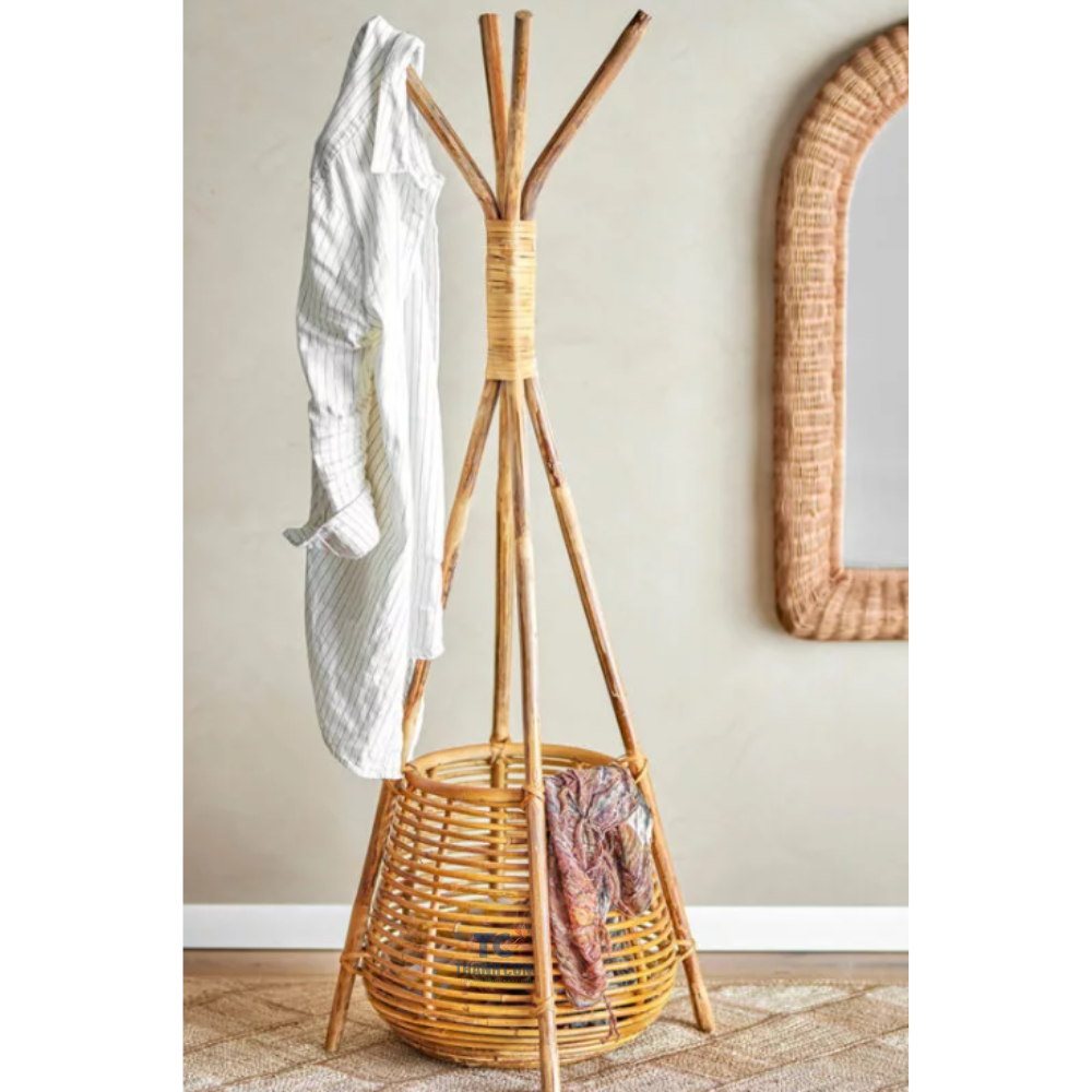 Standing sun clothes rail rattan drying stand rack for hanging clothing bedroom decor with storage basket made in Vietnam