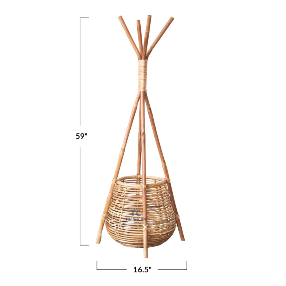 Standing sun clothes rail rattan drying stand rack for hanging clothing bedroom decor with storage basket made in Vietnam