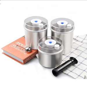 Stainless steel vacuum canister sets with pump kitchen airtight  reusable food coffee storage containers 1300ML+1000ML+700ML