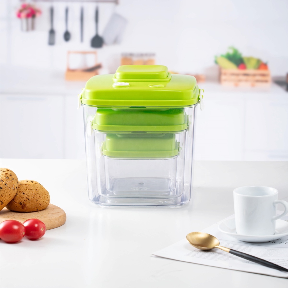 BPA free press push pump vacuum airtight seal food storage container canister fresh preservation box 3 pcs nestable