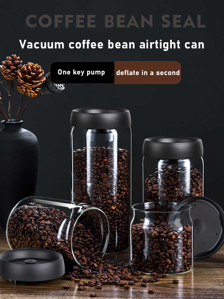 Press vacuum-seal kitchen storage jar set, integrated vacuum airtight lid box ,ideal for coffee beans food snacks fresh herbs