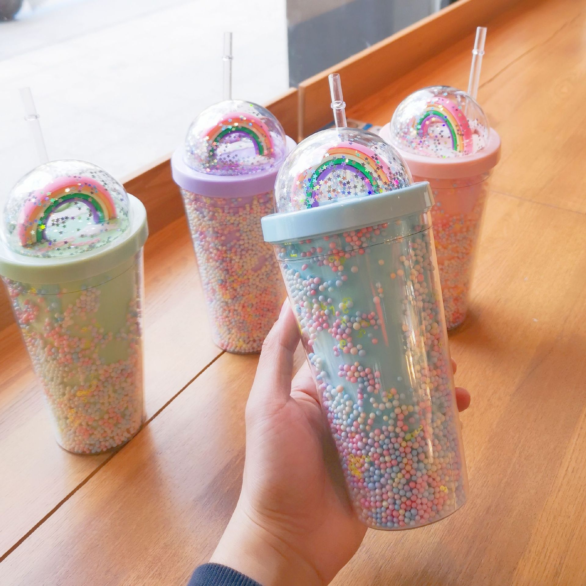 Hot DIY 18OZ Double Wall Plastic Acrylic Tumbler Bling Glitter  Rainbow Tumbler Cup With Leak Proof Lid