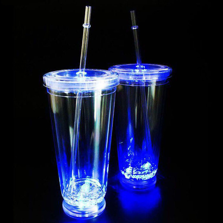 16 Oz LED Light-Up Flashing Insulated Travel Drink Cup,Tumbler with Straw and Screw-On Lid - Clear With Milti-Color Lights