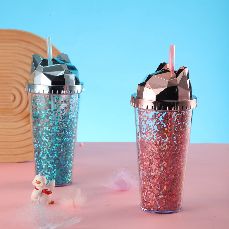 500ml Hot sale Plastic Mouse Ear Shaped Tumbler Double Wall With Straw And Lid Mickey Ear Dome Tumbler