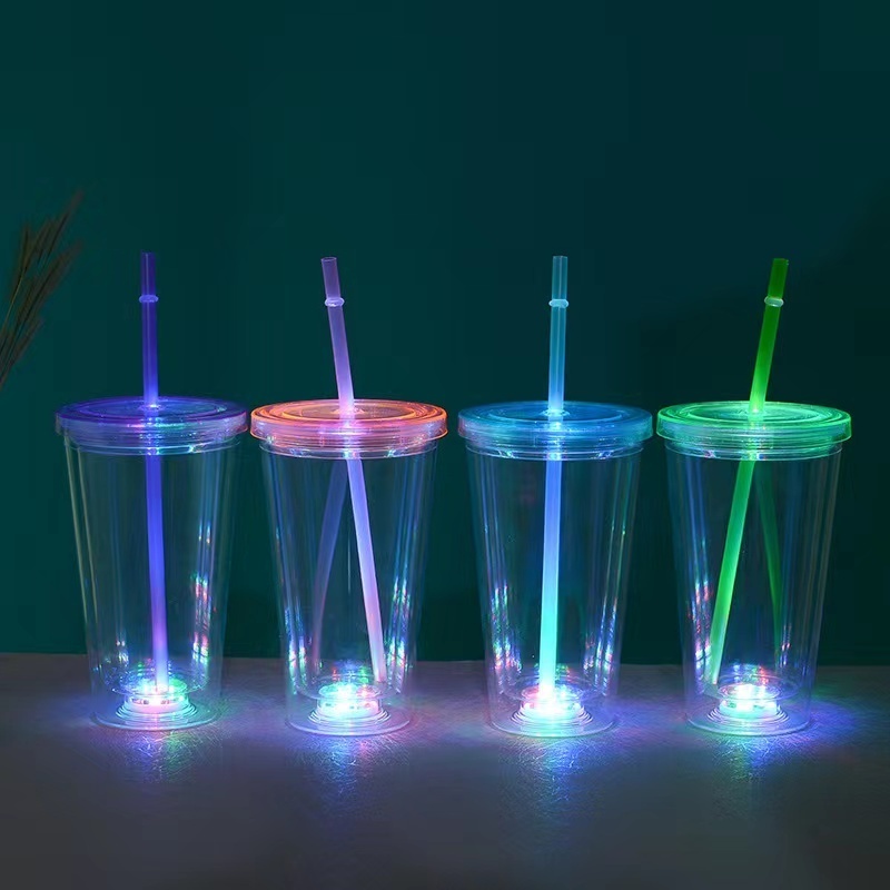 16 Oz LED Light-Up Flashing Insulated Travel Drink Cup,Tumbler with Straw and Screw-On Lid - Clear With Milti-Color Lights