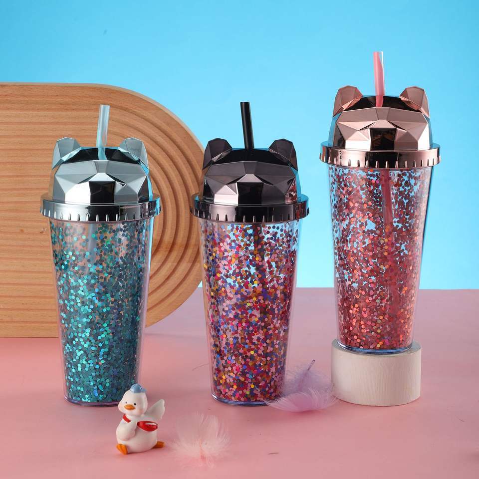 500ml Hot sale Plastic Mouse Ear Shaped Tumbler Double Wall With Straw And Lid Mickey Ear Dome Tumbler