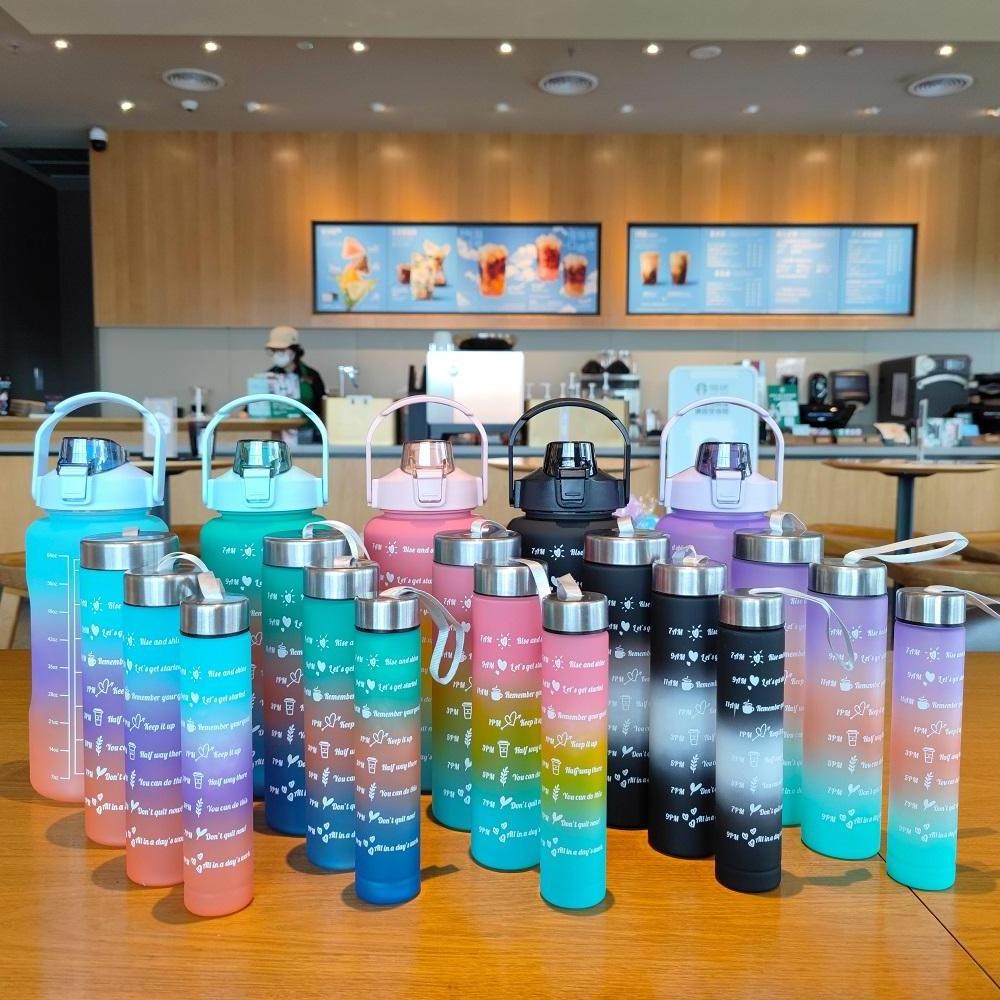 Large Capacity 2L Sets 4 in 1 Sports Motivational Water Bottle With Time Marker Gradient GYM Bottle