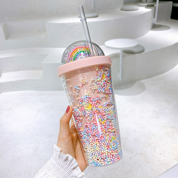 Hot DIY 18OZ Double Wall Plastic Acrylic Tumbler Bling Glitter  Rainbow Tumbler Cup With Leak Proof Lid