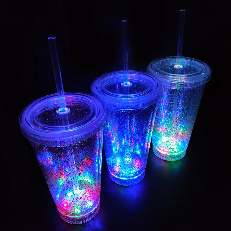 16 Oz LED Light-Up Flashing Insulated Travel Drink Cup,Tumbler with Straw and Screw-On Lid - Clear With Milti-Color Lights