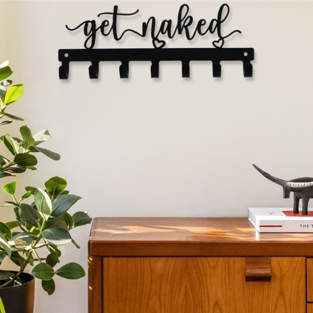 Black Metal Honeycomb Design Wall-Mounted Coat Rack with 7 Hooks Naked Wall Mounted Rack with 'Get Naked' Sign Home Essentials