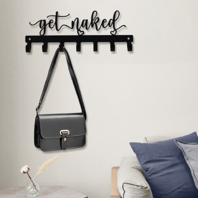 Black Metal Honeycomb Design Wall-Mounted Coat Rack with 7 Hooks Naked Wall Mounted Rack with 'Get Naked' Sign Home Essentials