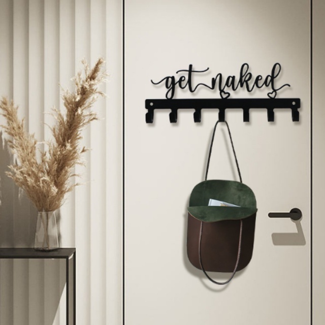 Black Metal Honeycomb Design Wall-Mounted Coat Rack with 7 Hooks Naked Wall Mounted Rack with 'Get Naked' Sign Home Essentials