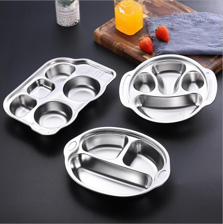 304 Stainless Plate Steel 5 Compartments Indian Thali Lunch Tray Fast Food Canteen Divided Dinner Mess Plates with steel lid