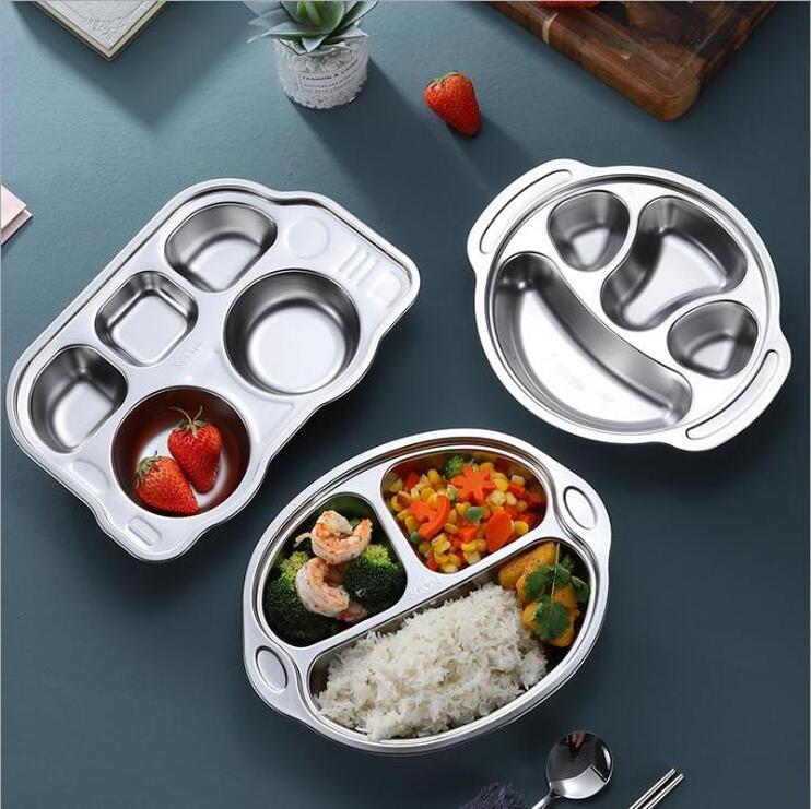 304 Stainless Plate Steel 5 Compartments Indian Thali Lunch Tray Fast Food Canteen Divided Dinner Mess Plates with steel lid