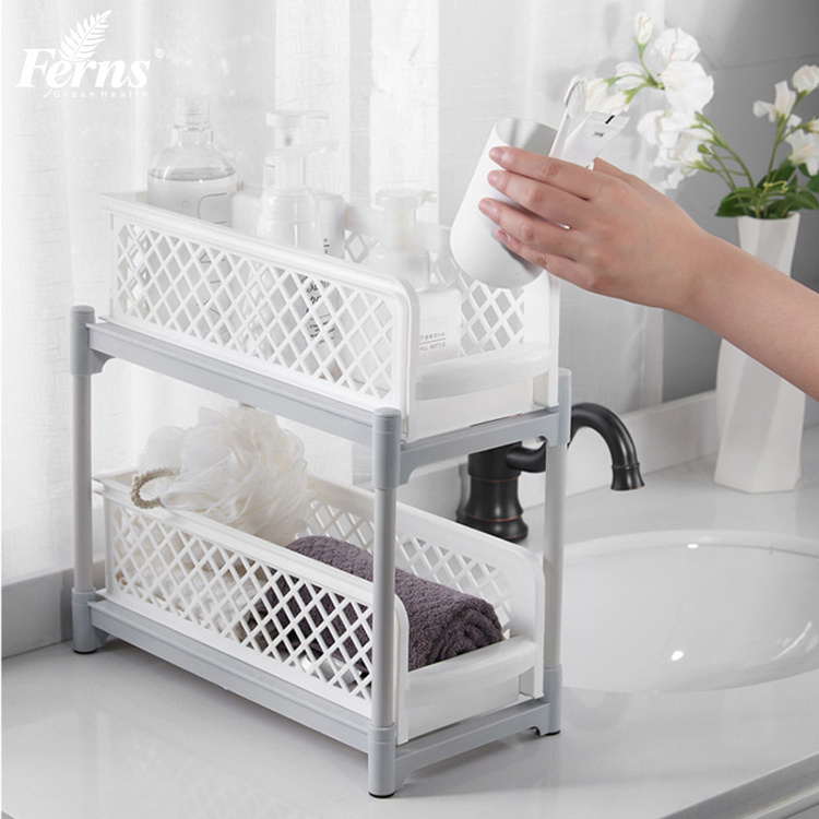 2 Tier Large Capacity Kitchen Bathroom Accessories Under Sink Cabinet Organizer with Sliding Storage Drawer with Hooks