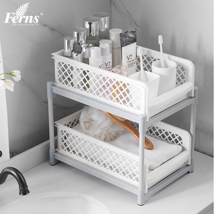 2 Tier Large Capacity Kitchen Bathroom Accessories Under Sink Cabinet Organizer with Sliding Storage Drawer with Hooks