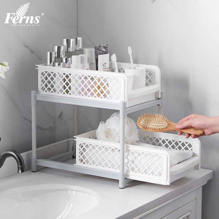 2 Tier Large Capacity Kitchen Bathroom Accessories Under Sink Cabinet Organizer with Sliding Storage Drawer with Hooks