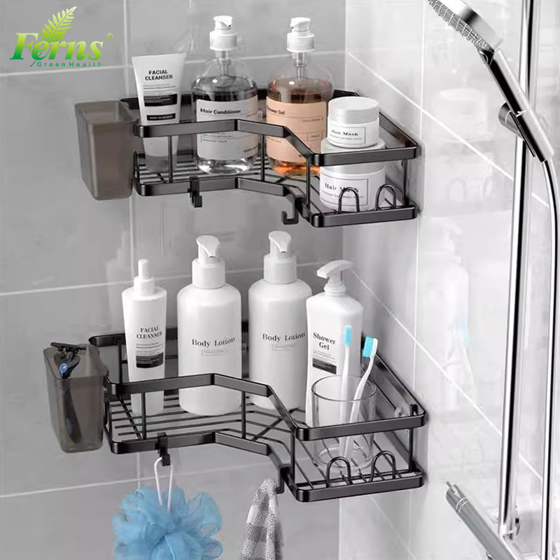 Home Bathroom Metal Corner Storage Rack Shelf Wall Mounted  Shower Caddy Organizer Self-adhesive Bathroom Shelf with Hooks