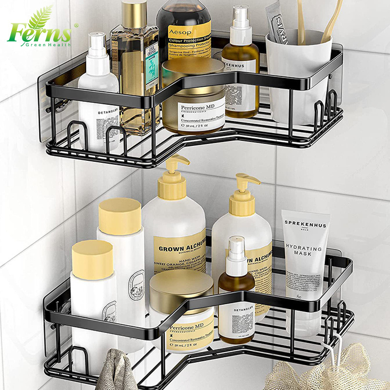 Home Bathroom Metal Corner Storage Rack Shelf Wall Mounted  Shower Caddy Organizer Self-adhesive Bathroom Shelf with Hooks