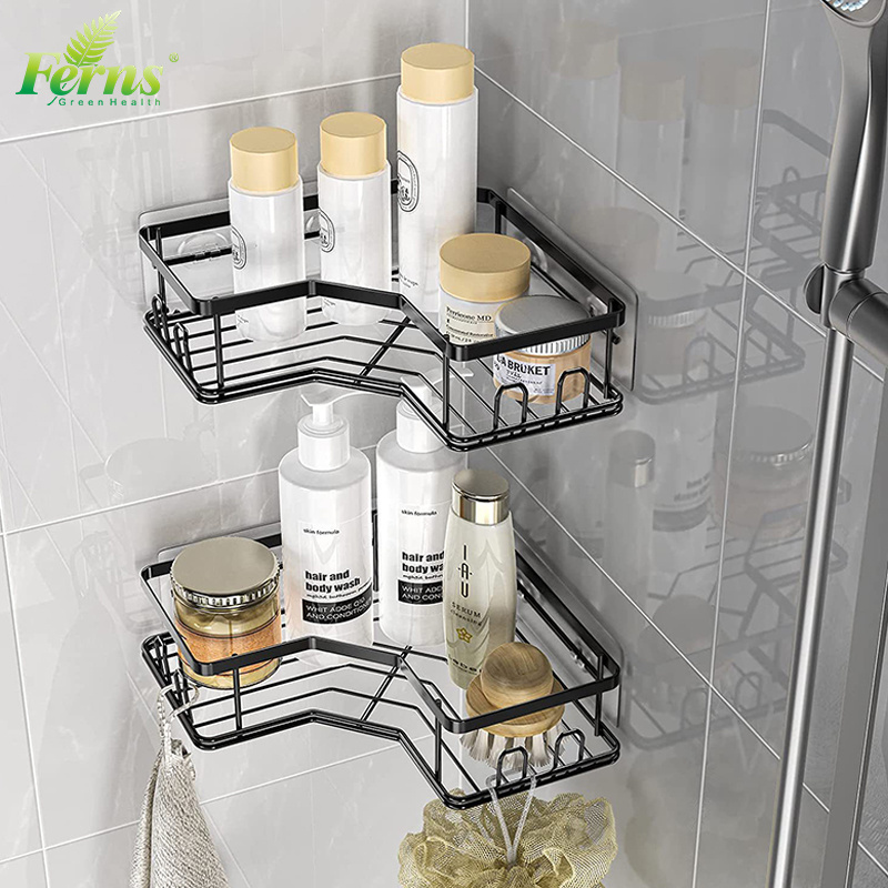 Home Bathroom Metal Corner Storage Rack Shelf Wall Mounted  Shower Caddy Organizer Self-adhesive Bathroom Shelf with Hooks