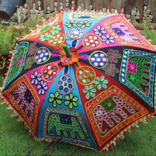 Hand Stitch Thread Work Sun Protection Umbrella Cotton Fabric Kantha Patchwork Decorative Parasol