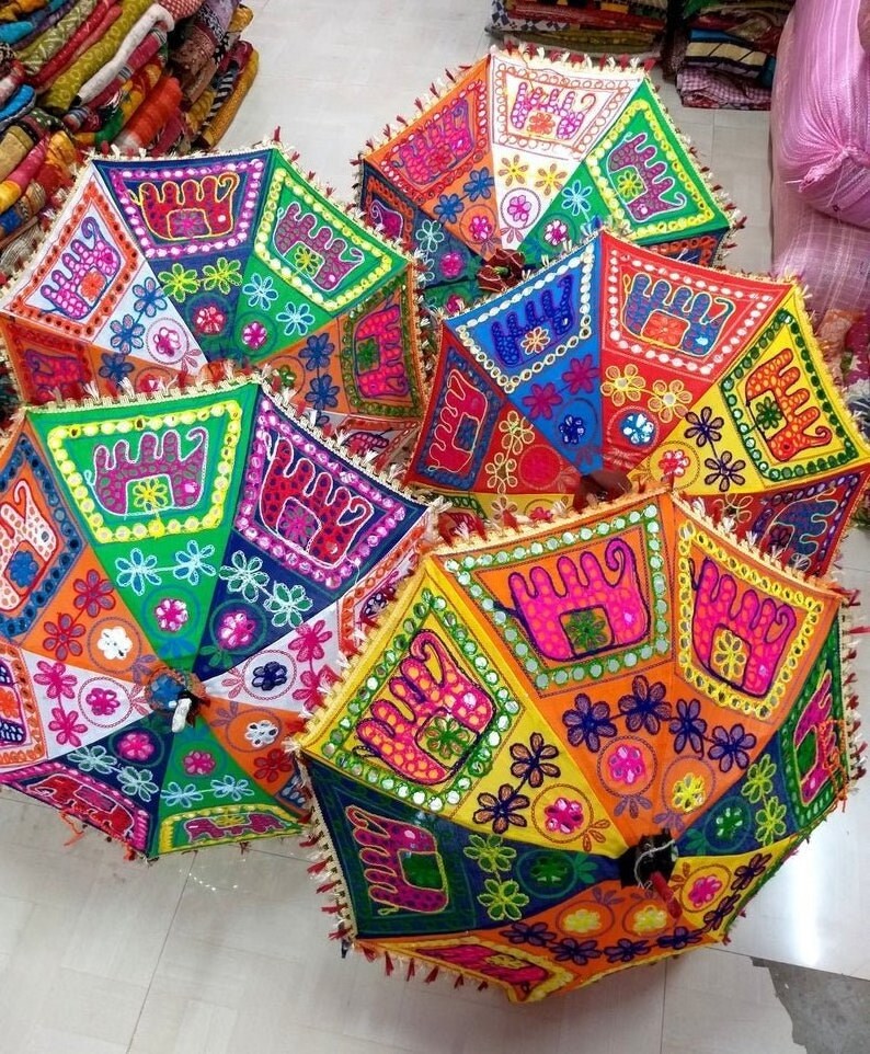 Hand Stitch Thread Work Sun Protection Umbrella Cotton Fabric Kantha Patchwork Decorative Parasol