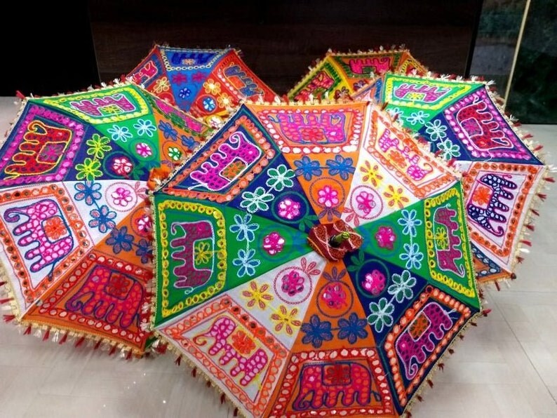 Hand Stitch Thread Work Sun Protection Umbrella Cotton Fabric Kantha Patchwork Decorative Parasol