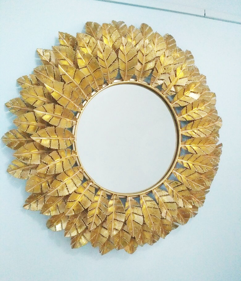 Very Beautiful Antique flower and leaf golden wall art round shaped mirror with handicraft work