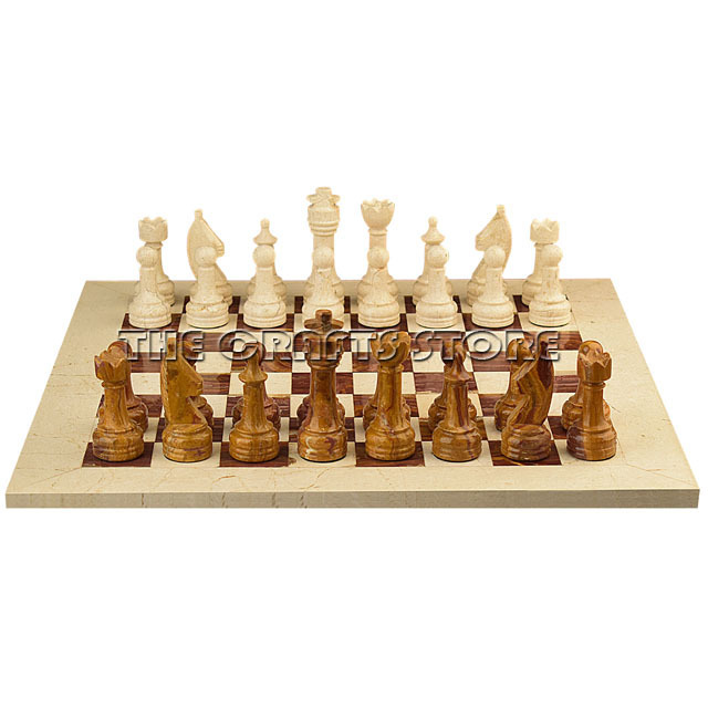 Marble & Onyx Natural Stone Hand Made Luxurious Botticino & Red  Onyx Chess Set With Staunton Series  Chess Pieces