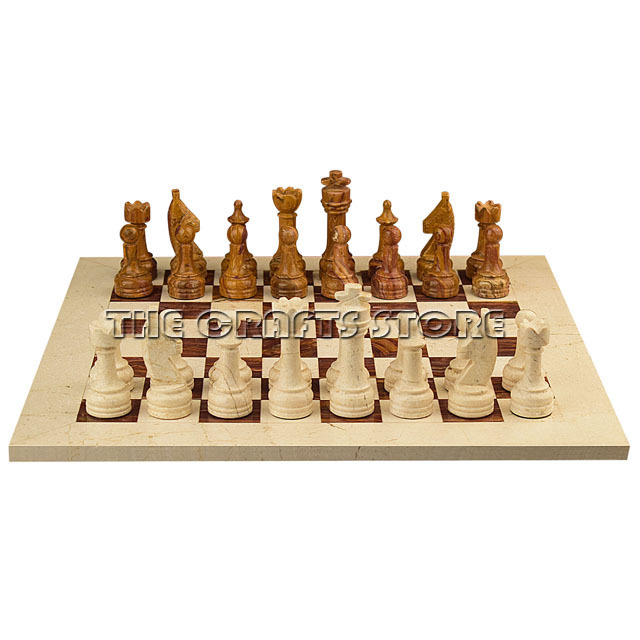 Marble & Onyx Natural Stone Hand Made Luxurious Botticino & Red  Onyx Chess Set With Staunton Series  Chess Pieces