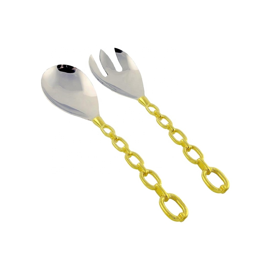 Stainless Steel Salad Server with Bright Golden Brass Embossed Chain Design Handle high quality salad server