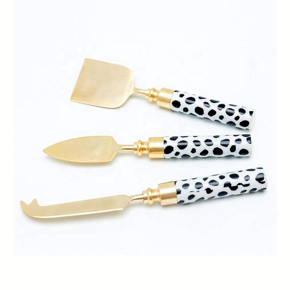 Gold polished Cheese slicer spreader Set With Round Amazing Design black & White Check ceramic handle butter Spreader