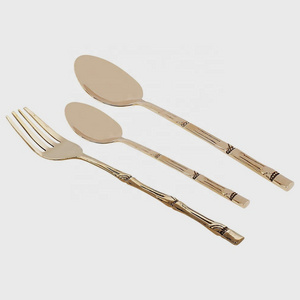 Gold Plated Stainless Flatware with Bamboo pattern Handle Guangzhou Italian cutlery with Thick Flat modern salad server  Set