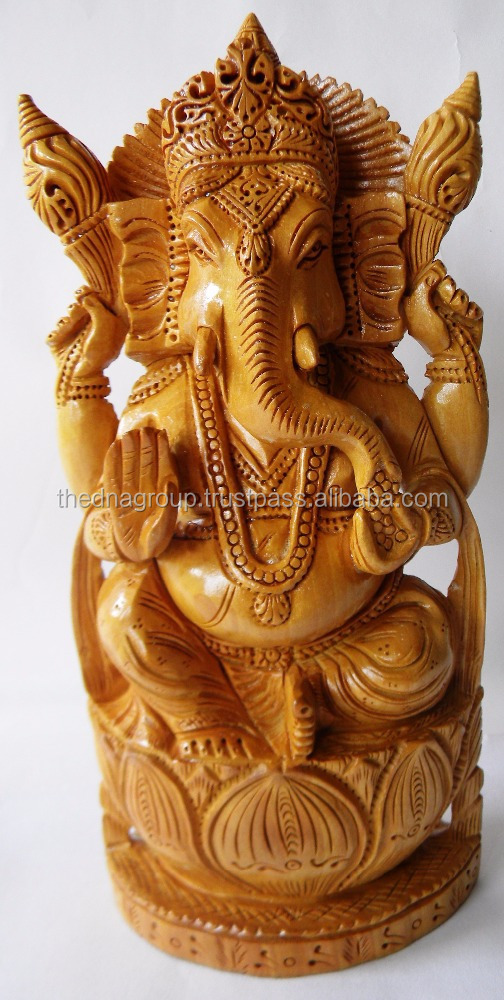 Indian Soft Wood Fine Carving Ganesh Statue - Handcarved Wooden Ganesha Statue - Lucky Desk Decor